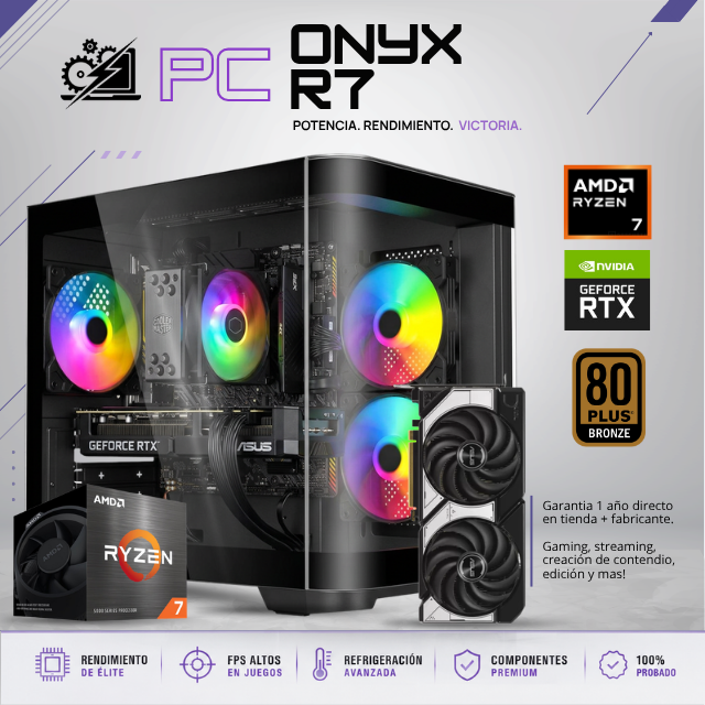 PC ONYX R7 / AMD RYZEN 7 5700 / RTX 5060 / 16GB RAM / 1TB SSD NVME / DISIPADOR DE TORRE 120MM / FUENTE 650W 80+ BRONZE / WIFI Y BT / W11 PRO / PROMOCION