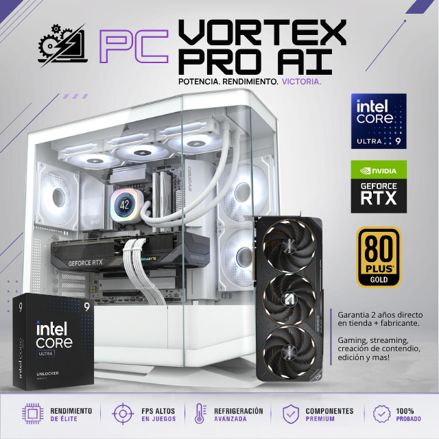 INTEL VORTEX PRO AI / INTEL CORE ULTRA 285K / RTX 5090 / 48GB RAM DDR5 / 2TB SSD NVME 990 PRO / ENFRIAMIENTO LIQ 360MM CON PANTALLA / FUENTE 1000W 80+ GOLD / W11 PRO / PROMOCION
