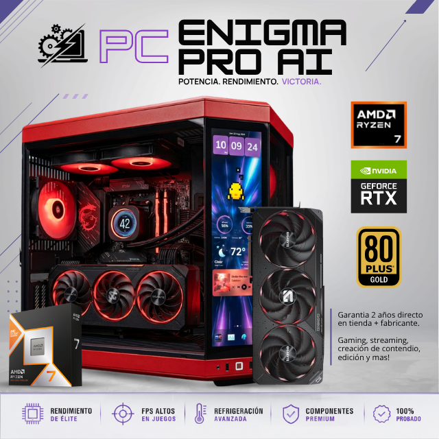 AMD PC ENIGMA PRO AI / AMD RYZEN 7 9850X3D / RTX 5090 / 32GB RAM DDR5 / 2TB SSD NVME 990 PRO / ENFRIAMIENTO 240MM LCD CORSAIR / FUENTE 1000W 80+ GOLD / HYTE Y70 TOUCH / W11 PRO / PROMOCION