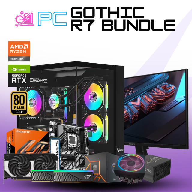 PC GOTHIC R7 BUNDLE/ AMD RYZEN 7 7700 / RTX 5070 / 32GB RAM DDR5 / 1TB SSD NVME / DISIPADOR DE TORRE / FUENTE 750W 80+ BRONZE / W11 PRO/ INCLUYE MONITOR 27" 1440P 180HZ 1MS / PROMOCION