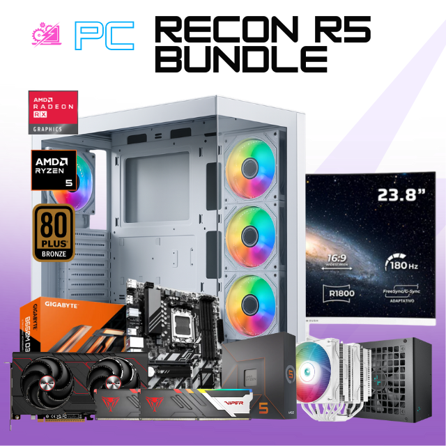PC RECON R5 BUNDLE/ AMD RYZEN 5 7600X / RADEON RX 9060 XT 16G / 32GB RAM DDR5 / 1TB SSD NVME / DISIPADOR DE TORRE DOBLE FAN / FUENTE 750W 80+ BRONZE/ B650M/ INCLUYE MONITOR 23.8" FHD 180HZ 1MS/ W11 PRO / PROMOCION