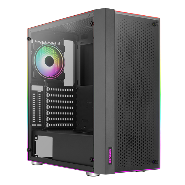 Gabinete AeroCool Skribble con Crstal Templado / ARGB / Midi-Tower, ATX/Micro-ATX/Mini-ITX / USB 3.0 / Sin Fuente / 3 Ventiladores RGB Instalados / Negro / SKRIBBLE-G-BK-V1