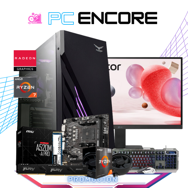 PC ENCORE BUNDLE / AMD RYZEN 7 5700G / RADEON GRAPHICS / 16GB RAM / 500GB SSD M.2 NVME / FUENTE 500W 80+ BRONZE /INCLUYE MONITOR 100HZ LG 23.8" + KIT TECLADO Y MOUSE/  PROMOCION