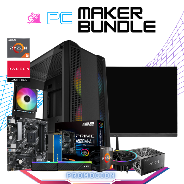 PC MAKER BUNDLE / AMD RYZEN 5 5600GT/ RADEON VEGA GRAPHICS/ 16GB RAM / 500GB SSD M.2 NVME / FUENTE 550W 80+ BRONZE/ DISIPADOR DE TORRE / INCLUYE MONITOR 21/5" FHD 75HZ / KIT TECLADO Y MOUSE / PROMOCION