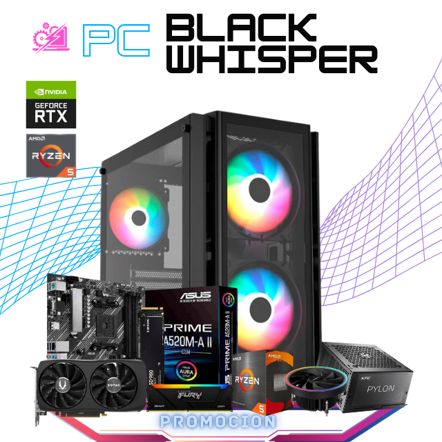 PC BLACK WHISPER / AMD RYZEN 5 5600X / RTX 4060 / 32GB RAM / 1TB SSD M.2 NVME / DISIPADOR DE TORRE ARGB / FUENTE 650W 80+ BRONZE / PROMOCION