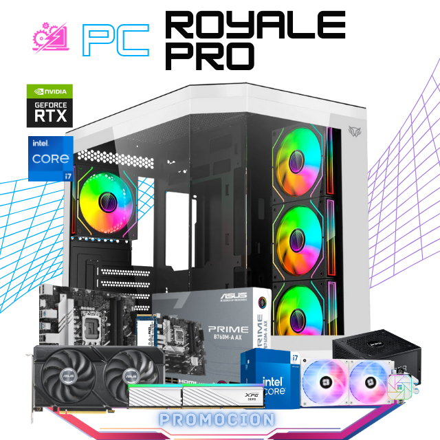 PC ROYALE PRO / INTEL CORE I7-14700 / RTX 4060 TI / 32GB RAM DDR5 / 1TB SSD M.2 NVME / FUENTE 650W 80+ GOLD / WIFI / BLUEOOTH / ENFRIAMIENTO LIQ 240MM / PROMOCION