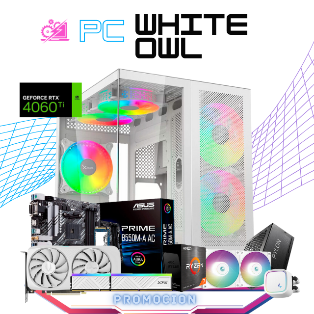 PC WHITE OWL / RYZEN 7 5800X / RTX 4060 TI / 16GB RAM / 1TB SSD M.2 NVME / ENFRIAMIENTO LIQUIDO 240MM / FUENTE 750W 80+ BRONZE / PROMOCION