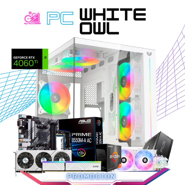 PC WHITE OWL / RYZEN 7 5800X / RTX 4060 TI / 16GB RAM / 1TB SSD M.2 NVME / ENFRIAMIENTO LIQUIDO 240MM / FUENTE 650W 80+ BRONZE / PROMOCION